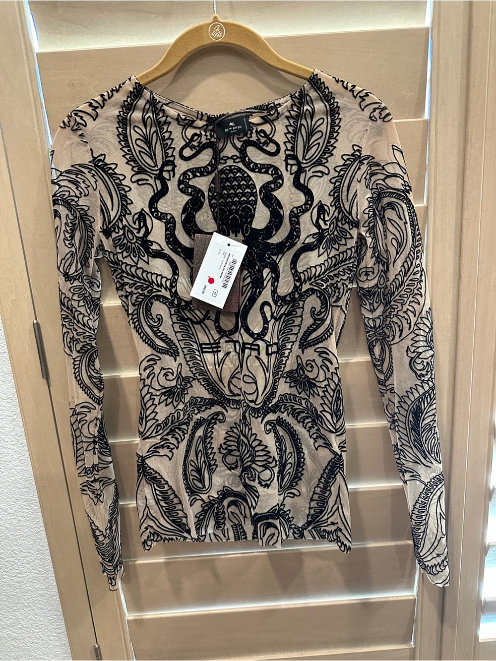 NWT Etro Milano Beige Sheer Long Sleeve Top with Paisley Black Motif - Size M